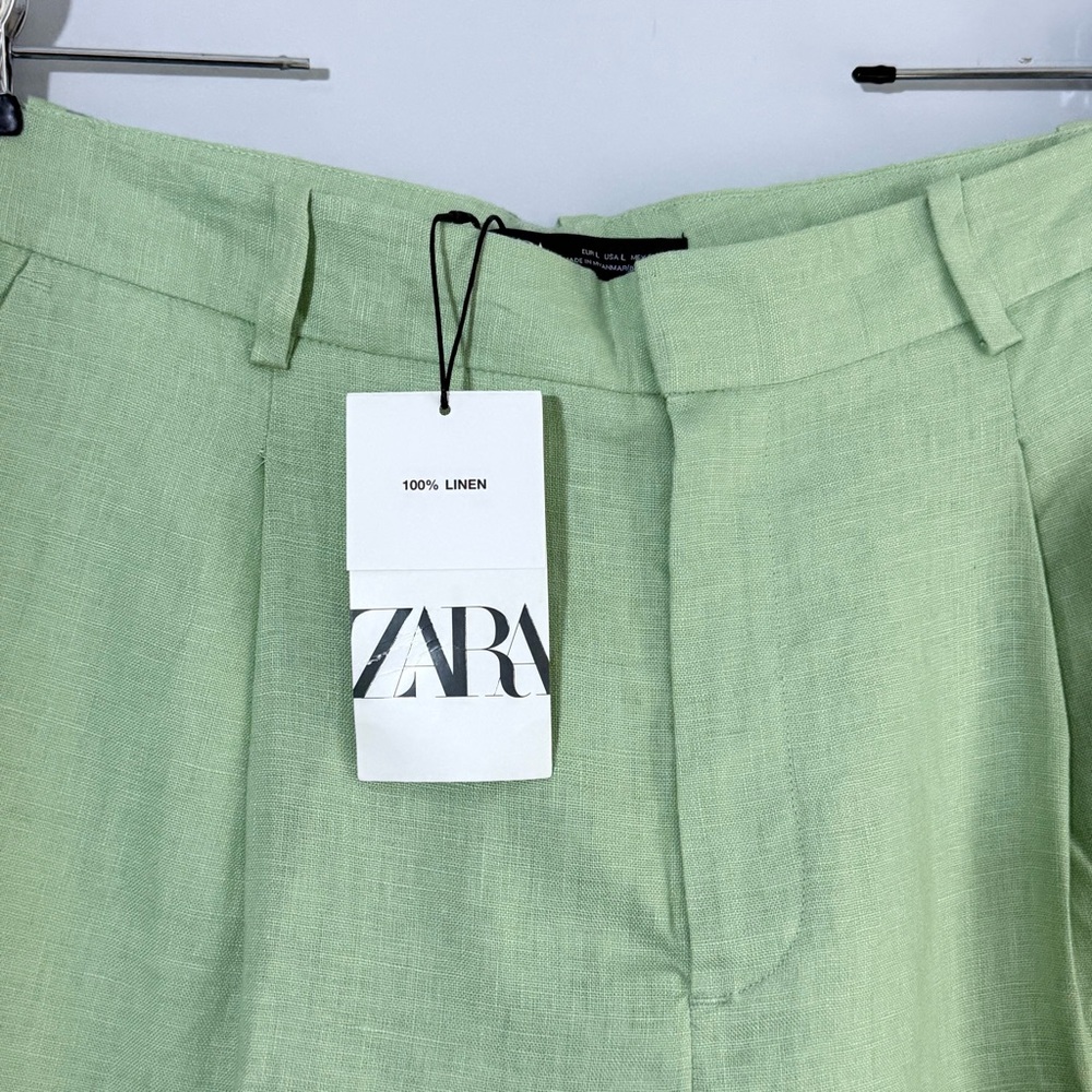 NWT Zara Linen Long Bermuda High Rise Pleated Shorts Green L Lagenlook 90s Boho - Picture 9 of 16
